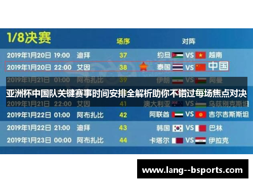 亚洲杯中国队关键赛事时间安排全解析助你不错过每场焦点对决 亚洲杯中国队关键赛事时间安排全解析助你不错过每场焦点对决