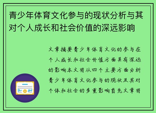 青少年体育文化参与的现状分析与其对个人成长和社会价值的深远影响